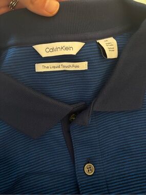 Calvin Klein Navy and Blue Striped Liquid Touch Polo